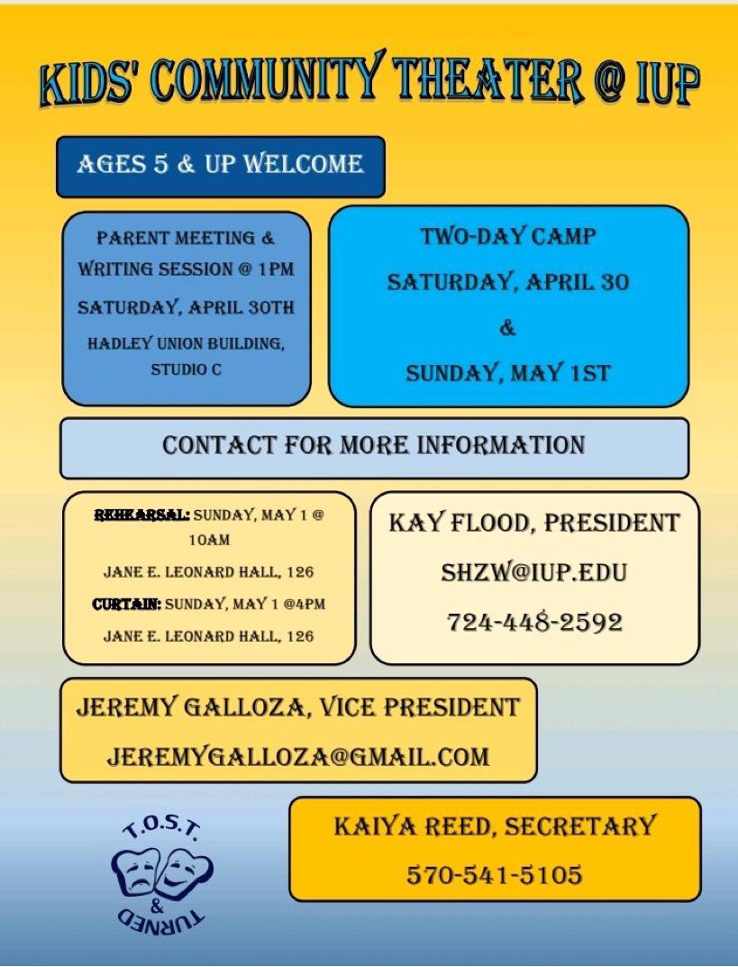 Looking for an opportunity to help a young actor/actress shine on stage? Contact our President or Vice President for more info!