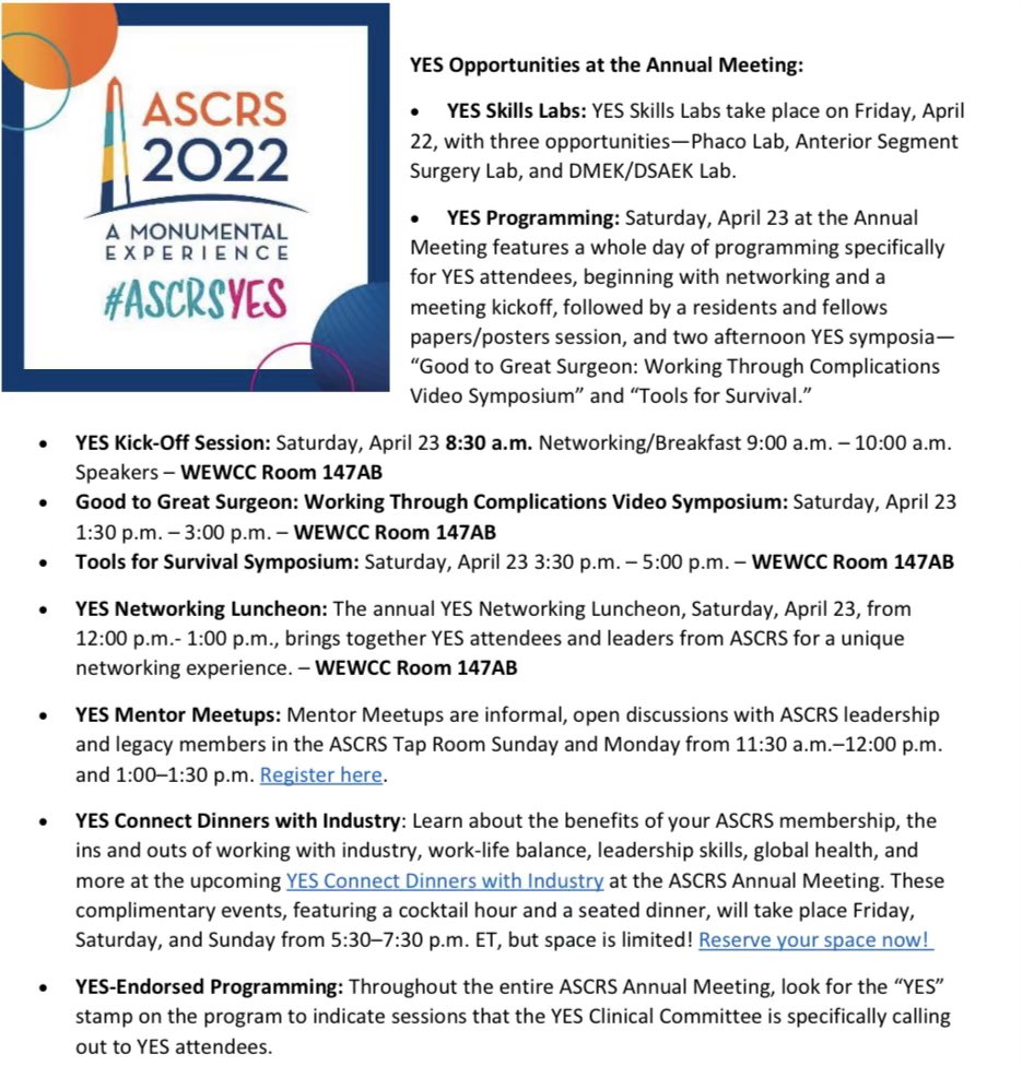Hey young eye surgeons! Who’s ready  for #ASCRS2022 in D.C?! 🙋🏻‍♀️ Join us for the #ASCRSYES networking/breakfast kick-off session on Saturday! And mark your calendars for these amazing programs geared towards young ophthalmologists! See you there!👋🏻 <a href="/ZainaAlMohtaseb/">Zaina Al-Mohtaseb, MD</a> <a href="/ASCRStweets/">ASCRS</a>