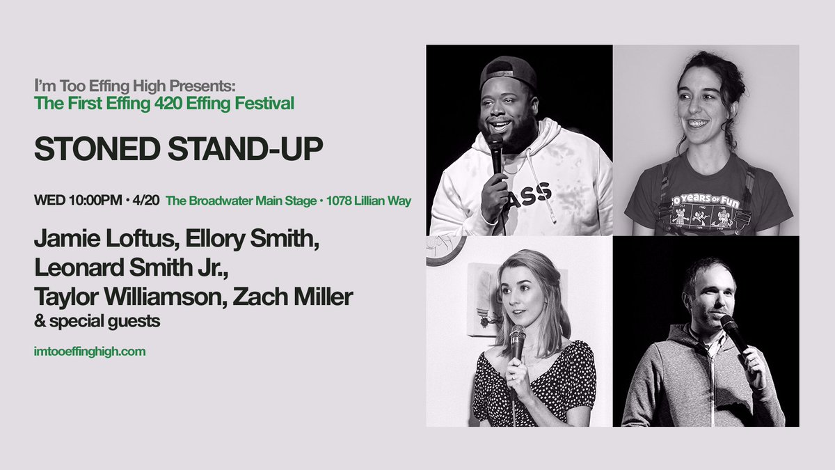 Get high and laugh with <a href="/jamieloftusHELP/">jamie loftus 🌭</a>, <a href="/ellorysmith/">ellory smith</a>, <a href="/_LeonardSmithJr/">LOVE A DEAL</a>, @TaylorComedy, <a href="/zachmillerdawg/">Tracksuit Zach</a> and more! 

4/20 - 10pm at <a href="/TheBroadwaterLA/">The Broadwater</a> 

TICKETS: eventbrite.com/e/im-too-effin…