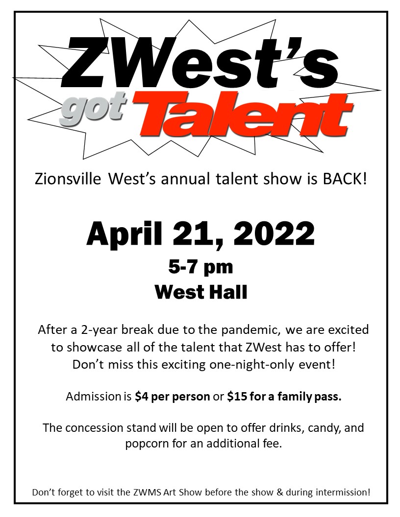ZWest’s Got Talent is Back! Join us Thursday night from 5-7pm <a href="/zwmsnews/">Zionsville West News</a> for some amazing student (&amp; teacher) performances! 💚 #zcsstrong #siew #talentshow #studentvoice @SoelTrainZWest