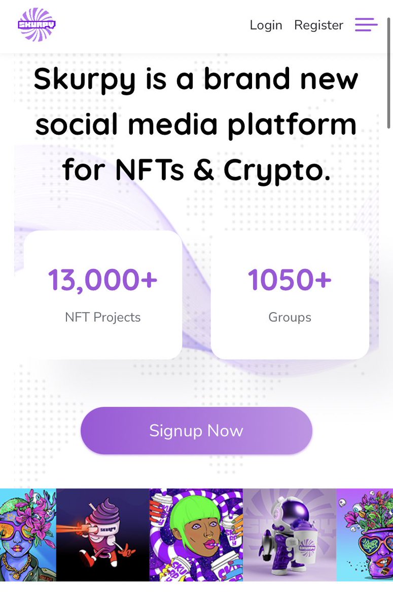 We just passed 13,000 NFT projects on Skurpy.com 💜
Skurpy is a brand new social media platform for NFTs &amp; Crypto. Connecting artists, collectors, and crypto enthusiasts. 🎨👩‍🎨

Make sure you sign up! We’re releasing our new website/app later this year.👀😍