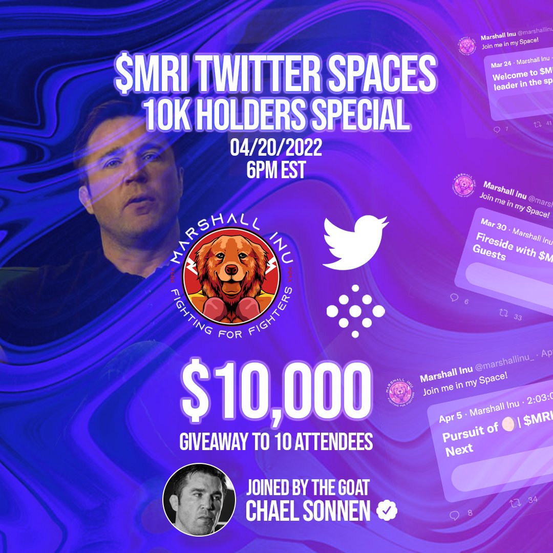 As a celebration for hitting 10,000 Marshalls we will be giving away $10,000 (10 x $1k) during our Twitter spaces call tomorrow with the GOAT <a href="/ChaelSonnen/">Chael Sonnen</a>

Make sure to attend from 6pm EST for a chance to win. Winners will be called out live on the stream!

Don't miss this one!👀