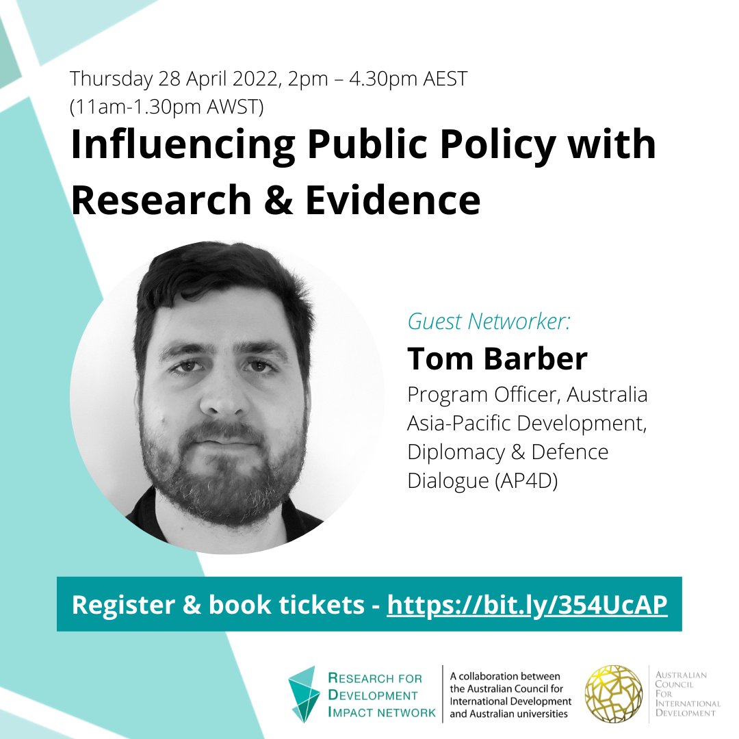 Meet with Tom Barber, Program Officer, Asia-Pacific Development, Diplomacy &amp; Defence Dialogue (AP4D) on Thurs 28 April 2022, 2pm AEST to discuss all things policymaking and getting research / evidence into policymaking! Book now &gt;&gt;&gt; bit.ly/354UcAP