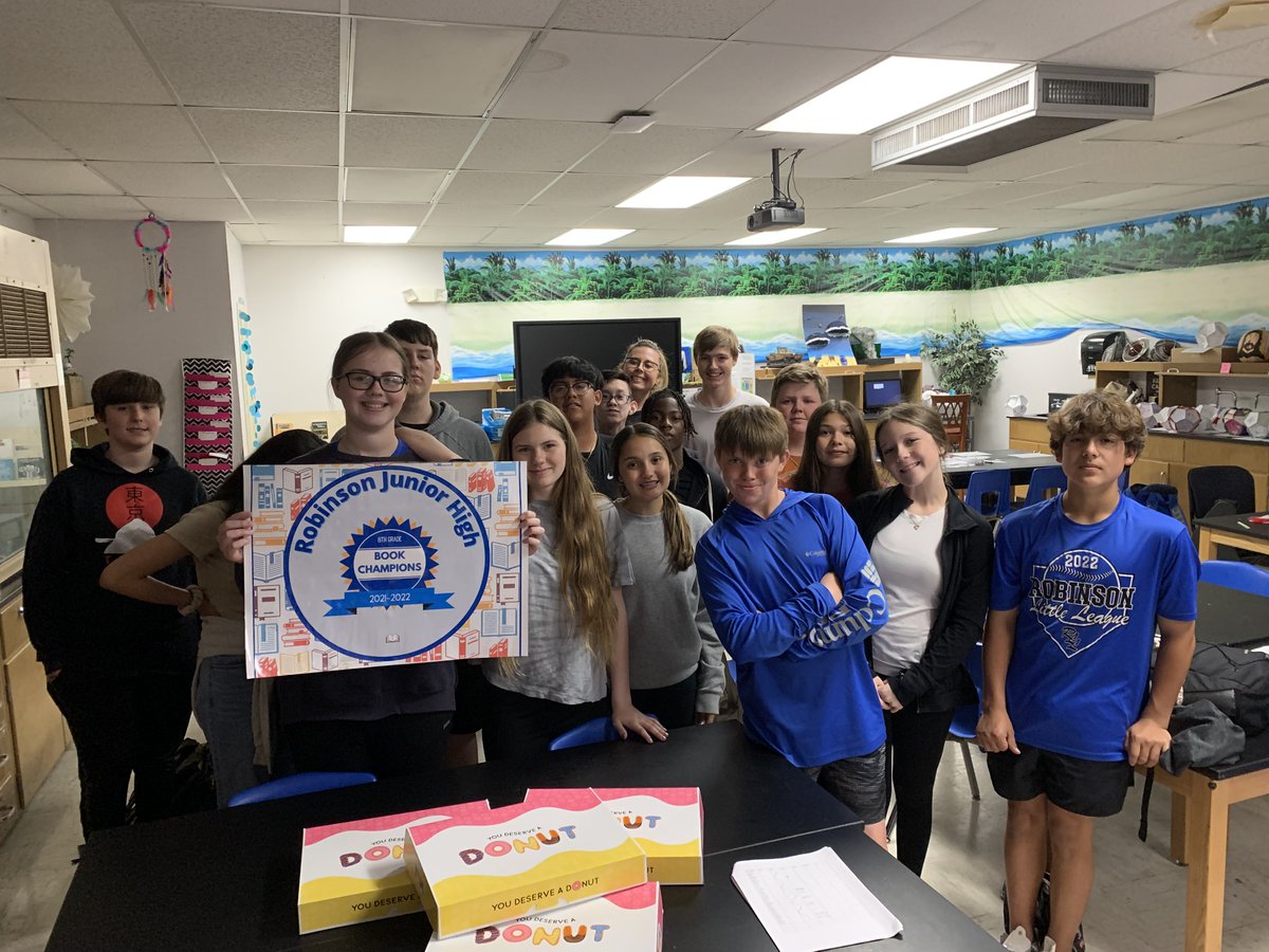 Congratulations to our 2021-2022 RJH 7th &amp; 8th grade Book Champions! Donut Parties for @luedekerlauri 7th/8th period class and <a href="/jenndrummond75/">Jennifer Drummond</a> 5th period class! Reading is always its own reward but it's fun to celebrate book knowledge with 🍩s and new books for your classroom!