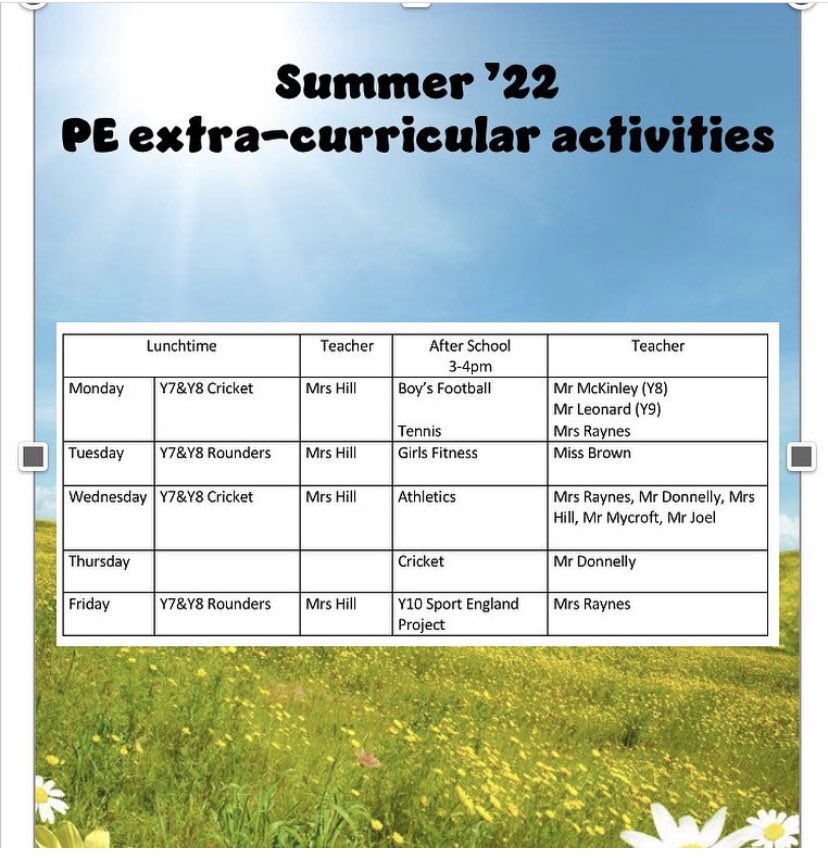 Our summer clubs start tomorrow with lower school cricket at lunch time and athletics for all after school. Our first athletics competition is the relays next Thursday 28th April.