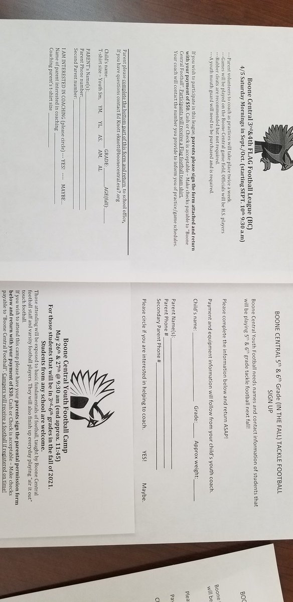 football_boone's tweet photo. Youth summer camp and fall league sign up forms are being sent home this week! Look for them and return them ASAP! #GoCards #SeeknDestroy https://t.co/9CLThX0BAm