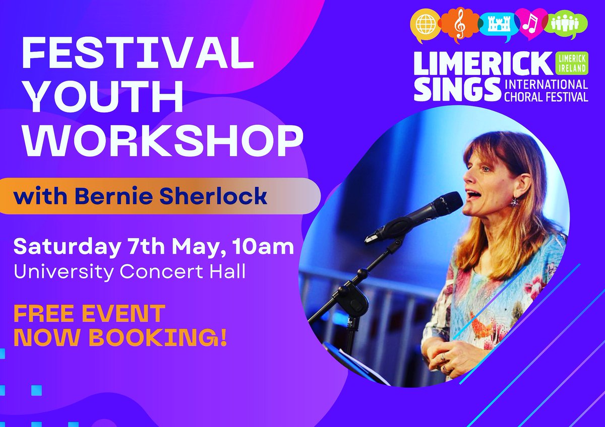 LimerickSings's tweet photo. This years #LimerickSings festival kicks off early with a fantastic #free Youth Choral Workshop! Open to singers from 12-16 yrs old this will be a fun, informative morning of singing with renowned conductor #BernieSherlock of @IrishYouthChoir &amp; @newdublinvoices https://t.co/qEY3GWoyRX