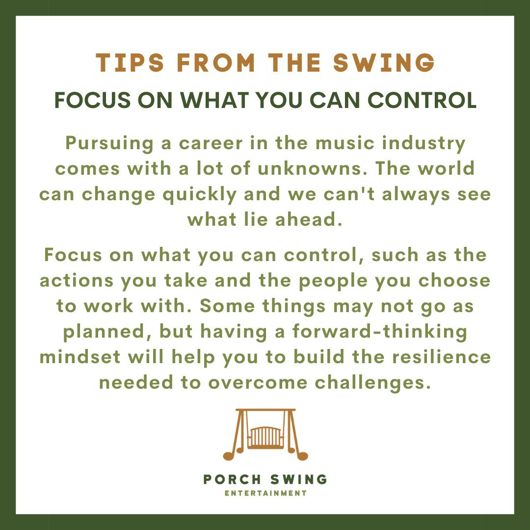 porchswingent's tweet photo. Choose to focus on what you can control and trust the process for the rest.
#TipTuesday
#TipsFromTheSwing
#MusicBusinessTips https://t.co/Zs9CInYNKu