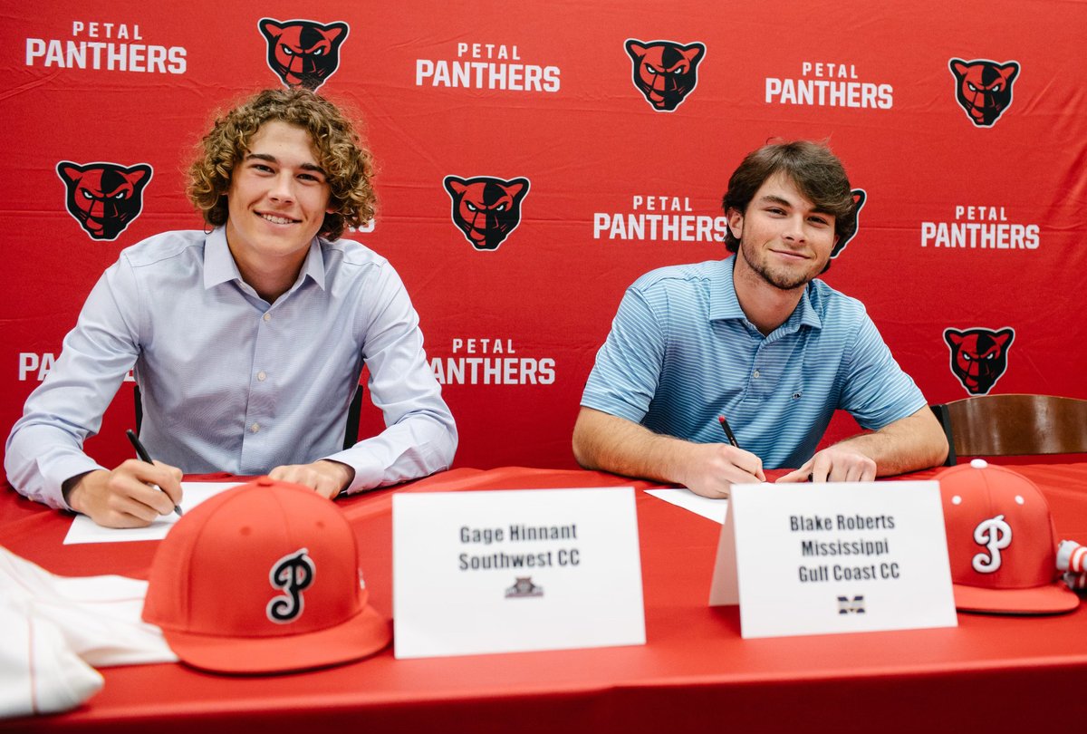 petalschools's tweet photo. Congratulations to Petal High School seniors Gage Hinnant who signed a baseball scholarship with Southwest Mississippi Community College, and Blake Roberts who signed with Mississippi Gulf Coast Community College. #PantherProud #TransformThrive https://t.co/3L3P4sLquR