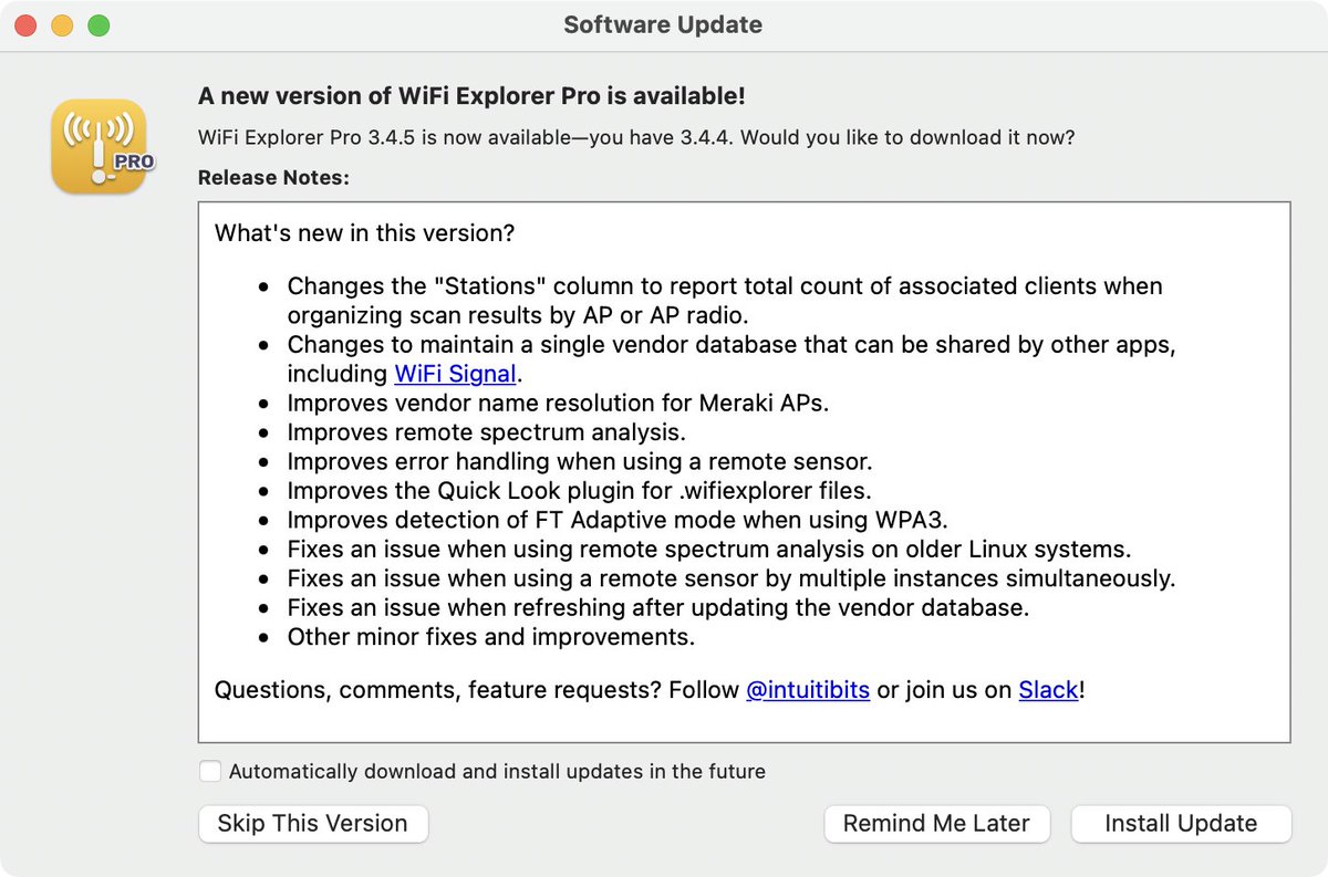 intuitibits's tweet photo. WiFi Explorer Pro 3.4.5 is out with a number of fixes and improvements. https://t.co/0XgH0PDHhc

Release notes: https://t.co/L2F4hO9URa

#wifi #wlanpros https://t.co/V5PVr8tjbS