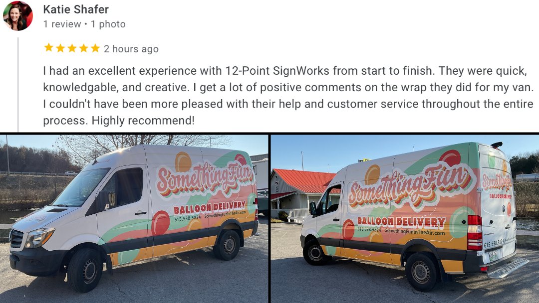 12pointsigns's tweet photo. We wanted to give a big THANK YOU to Something Fun Balloon Flair for the extremely kind 5 Star review they left us after we custom wrapped one of their delivery vans!
#vehiclewraps #vehicleadvertisements #mobileadvertising #fleetbranding #fleetvehicles #nashvillevehiclewraps https://t.co/5MlJc9qJAL