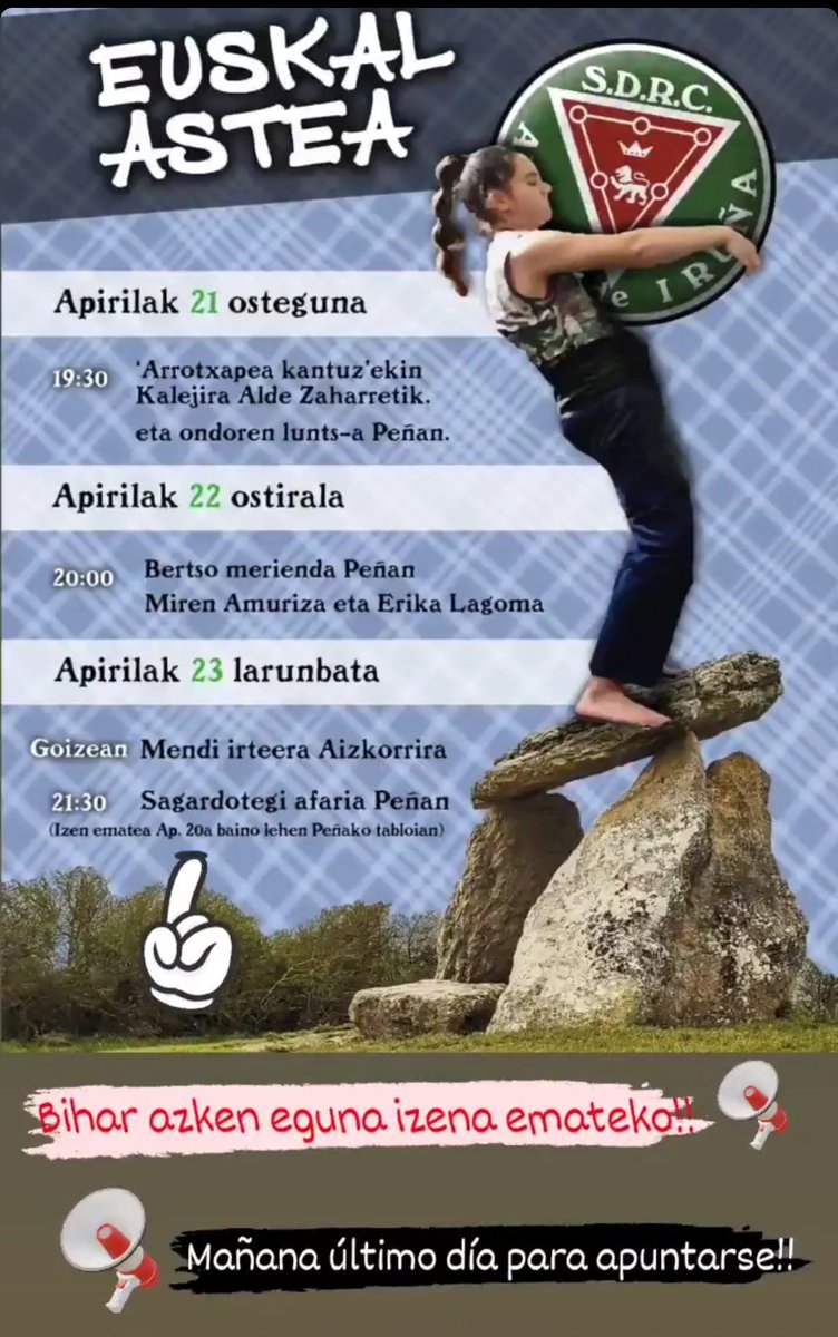 📢📢Bihar azken eguna izena emateko!! 

📢📢 Mañana último día para apuntarse!!

Euskal astea badator!!