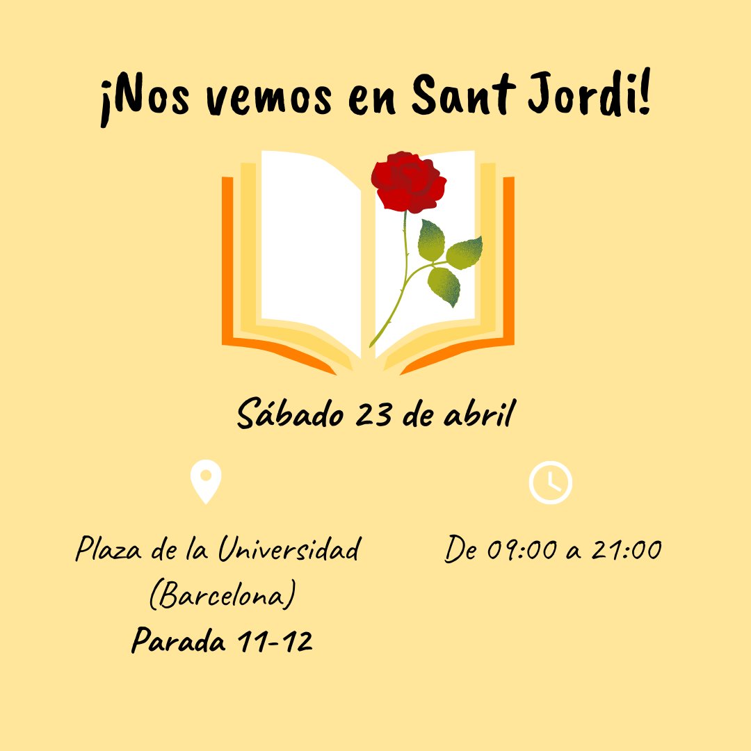 NovaCasaEditors's tweet photo. Nos vemos en Sant Jordi 📚🌹

¡Sí! Lo has leído bien, tendremos una parada con nuestros libros en Sant Jordi.

Aquí te dejamos toda la información necesaria: 

📍Plaza de la Universidad (Barcelona) ¡Parada 11-12!
⏱ Entre las 9:00 y las 21:00
📅 23 de abril https://t.co/w8J0CW6U6S