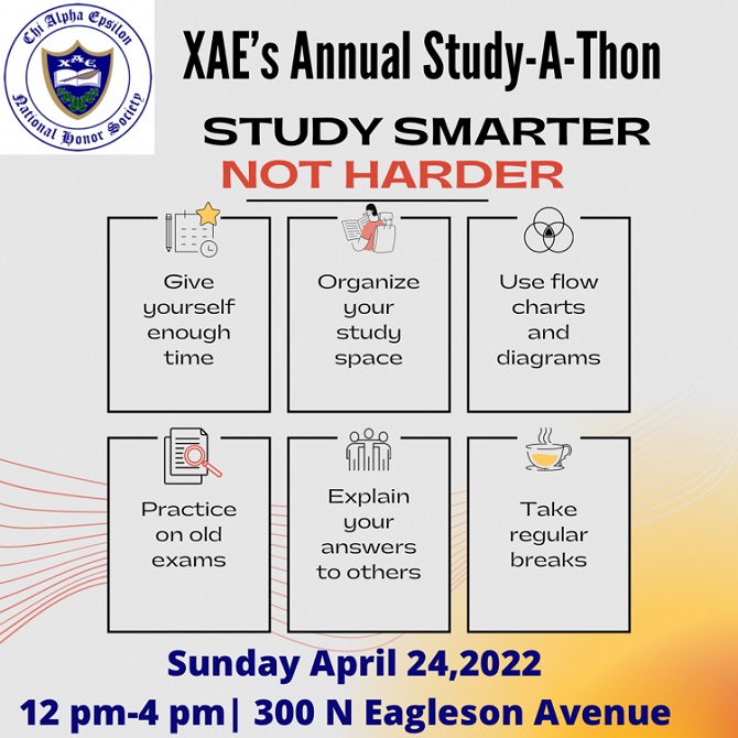 It's that time of year again.  Time to end the semester with upcoming finals.  Be prepared to end strong, Join XAE for a Study-A-Thon to help each other out.  Sunday, April 24, 12:00 - 4:00 PM. Grab a bite to eat while it lasts.