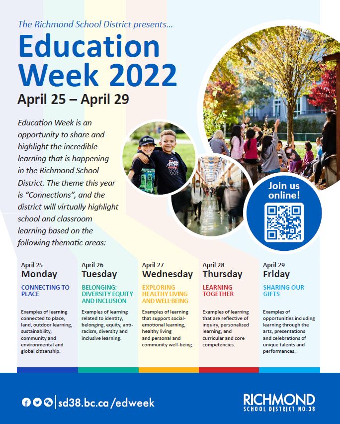Education Week 2022 is an opportunity to openly share the many remarkable things happening in Richmond schools. Please take the time to visit the district website from April 25 - April 29 to enjoy the various examples of work that have been provided by staff and students.