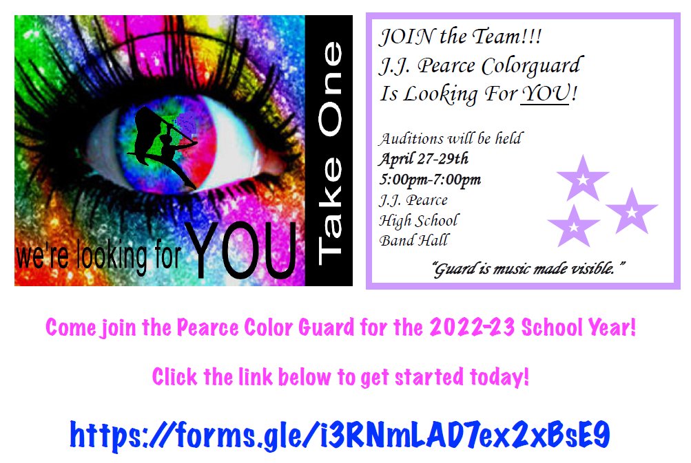 JJ Pearce HS (@jjpearcehs) on Twitter photo Do you like to PERFORM? Do you like to DANCE?
JOIN the J.J. Pearce Color Guard.
NO experience necessary and everyone is welcome! Please email pearceguard@gmail.com for more information and encourage your friends to come check it out with you on April 27-29th @ PHS! Do you like to PERFORM? Do you like to DANCE?
JOIN the J.J. Pearce Color Guard.
NO experience necessary and everyone is welcome! Please email pearceguard@gmail.com for more information and encourage your friends to come check it out with you on April 27-29th @ PHS!