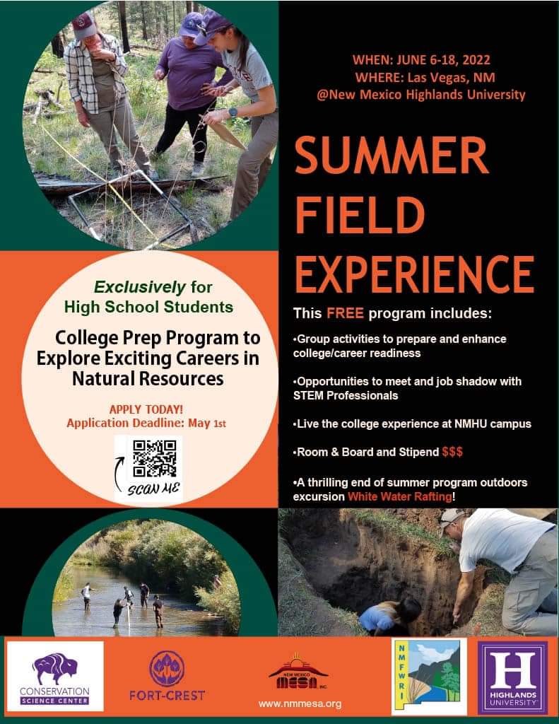 NMHU &amp; NM MESA bring the 2022 Summer Field Experience for High School students in Northern New Mexico! Interested in exploring careers in Natural Resources, learning outdoors, or experiencing living in dorms and navigating a college campus?
Apply Here: nmmesa.org/event/2022-sum…
