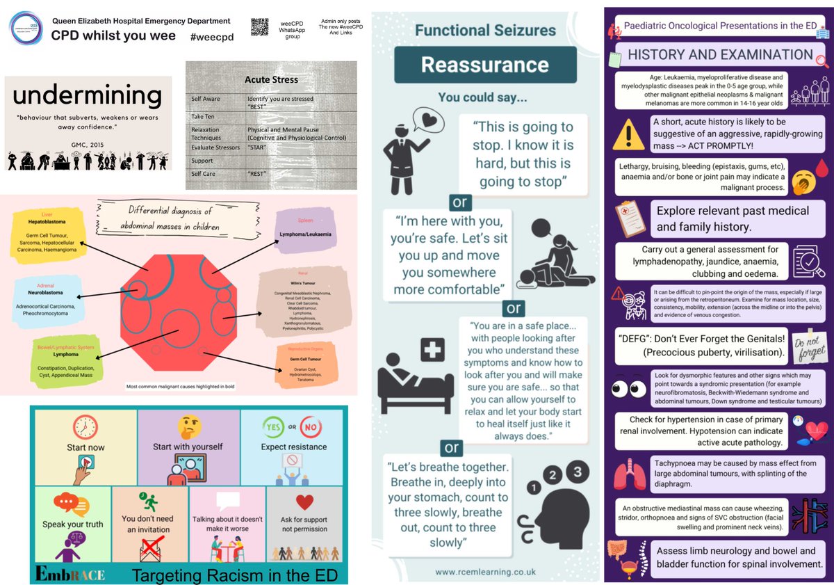 OneLongPlait's tweet photo. A celebration of @RCEMLearning in today's #weeCPD with functional seizure reassurance, paeds oncology and abdo masses, undermining, stress and combating racism in the ED. Links below... can you spot which infographic Daisy didn't do!?!? https://t.co/QqysvMq47W