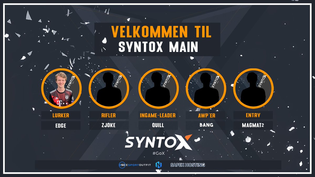 SyntoxDK's tweet photo. Vi kan officielt præsentere vores Syntox Main hold, som skal stille op i 
@eSportdk Metal Ligaen &amp;  @LeaguesGG_CSGO her i den kommende sæson🥳 

Lineup:
🇩🇰@NiklasSkovbo44
🇩🇰@mikkelabh
🇩🇰@Zjokecs
🇩🇰@QuilL_yy
🇩🇰@bang_fps
🇩🇰Coach: JuicyT

#GoX 
@esportoutfit #nsweb #sapexhosting https://t.co/TzmuUBxRa7