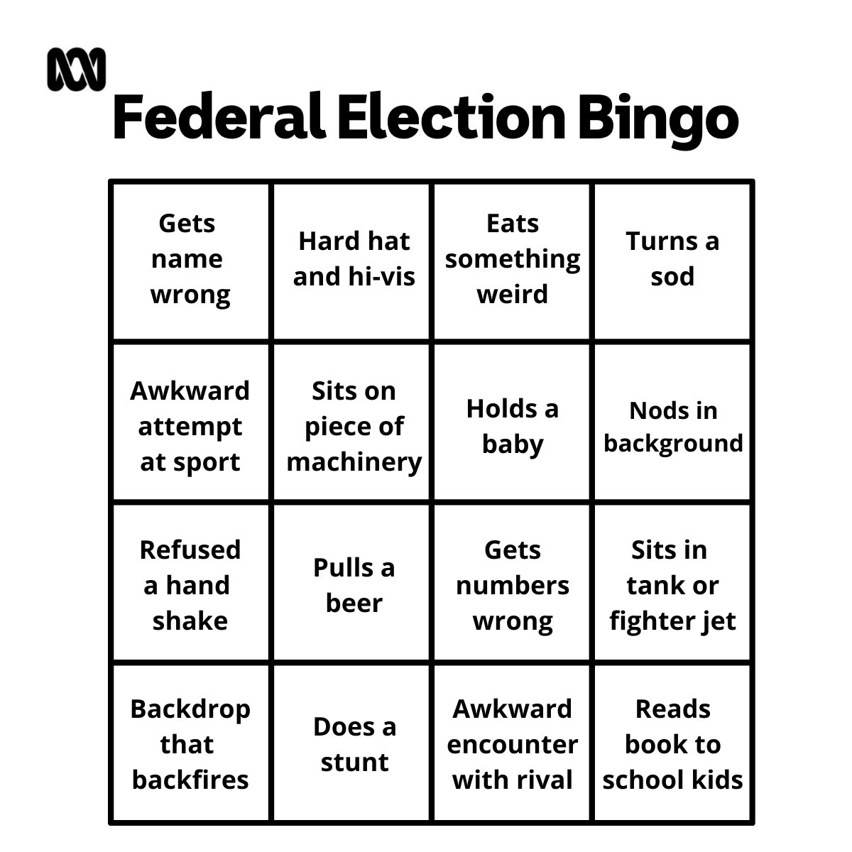 Join us for our federal election bingo! How many can you tick off? Let’s see if Australia’s leaders can complete them all before the May 21 vote #auspol @nikolaibeilharz @abcadelaide
