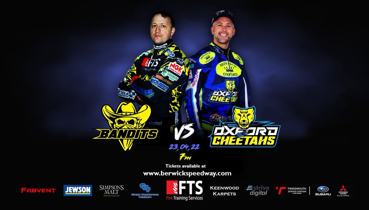 BANDITS VS CHEETAHS! 

Bandits vs Cheetahs, Berwick vs Oxford Speedway, Legend vs Legend…..a Speedway match many years in the making is taking place at Shielfield Park stadium on Saturday night and tickets are now on sale 👉🏼 berwickspeedway.com/tickets/

#FTSBandits #keenwoodkarpets