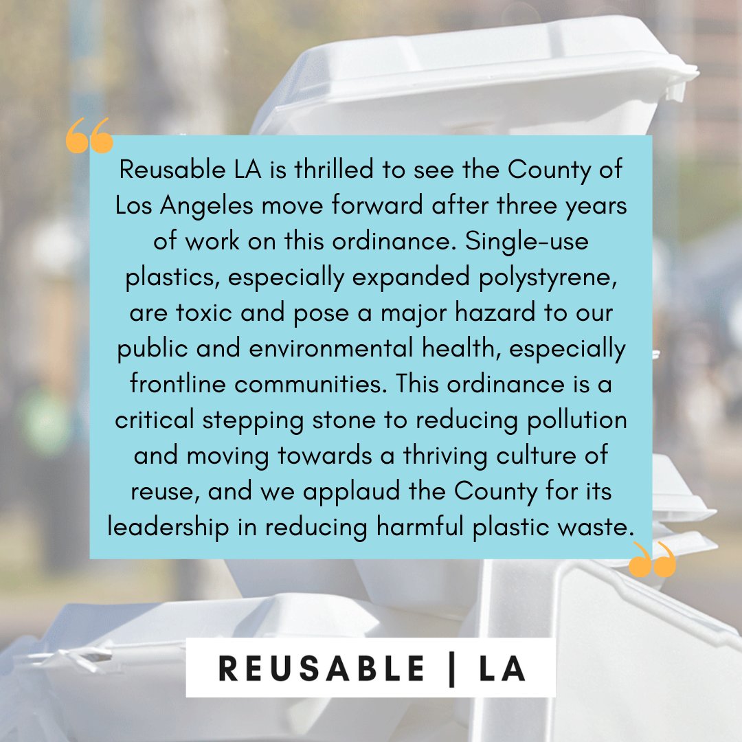PlasticPollutes's tweet photo. BIG WIN: Today, #LACounty passed an ordinance that will:
🌱 require single-use foodware to be compostable or recyclable
🚫 ban expanded polystyrene products
🌏 require reusable foodware at full-service, dine-in eateries
Congrats #REUSABLELA! #PlasticPollutes https://t.co/QqUsPPVX3F