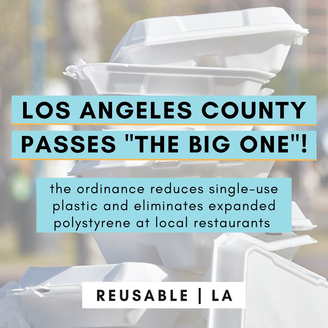 BIG WIN: Today, #LACounty passed an ordinance that will:
🌱 require single-use foodware to be compostable or recyclable
🚫 ban expanded polystyrene products
🌏 require reusable foodware at full-service, dine-in eateries
Congrats #REUSABLELA! #PlasticPollutes