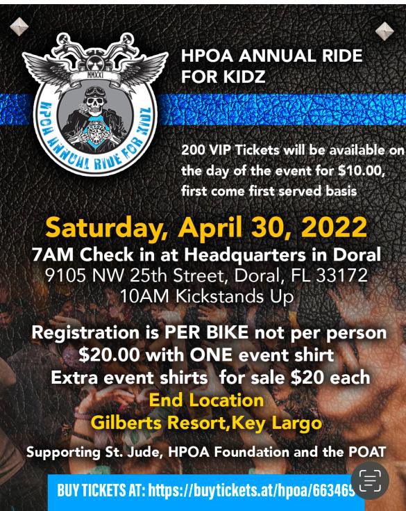 Are you ready to ride for a good cause? Register today for the HPOA’s Annual Ride For Kidz, Saturday, April 30, 2022! tickettailor.com/events/hpoa/66…