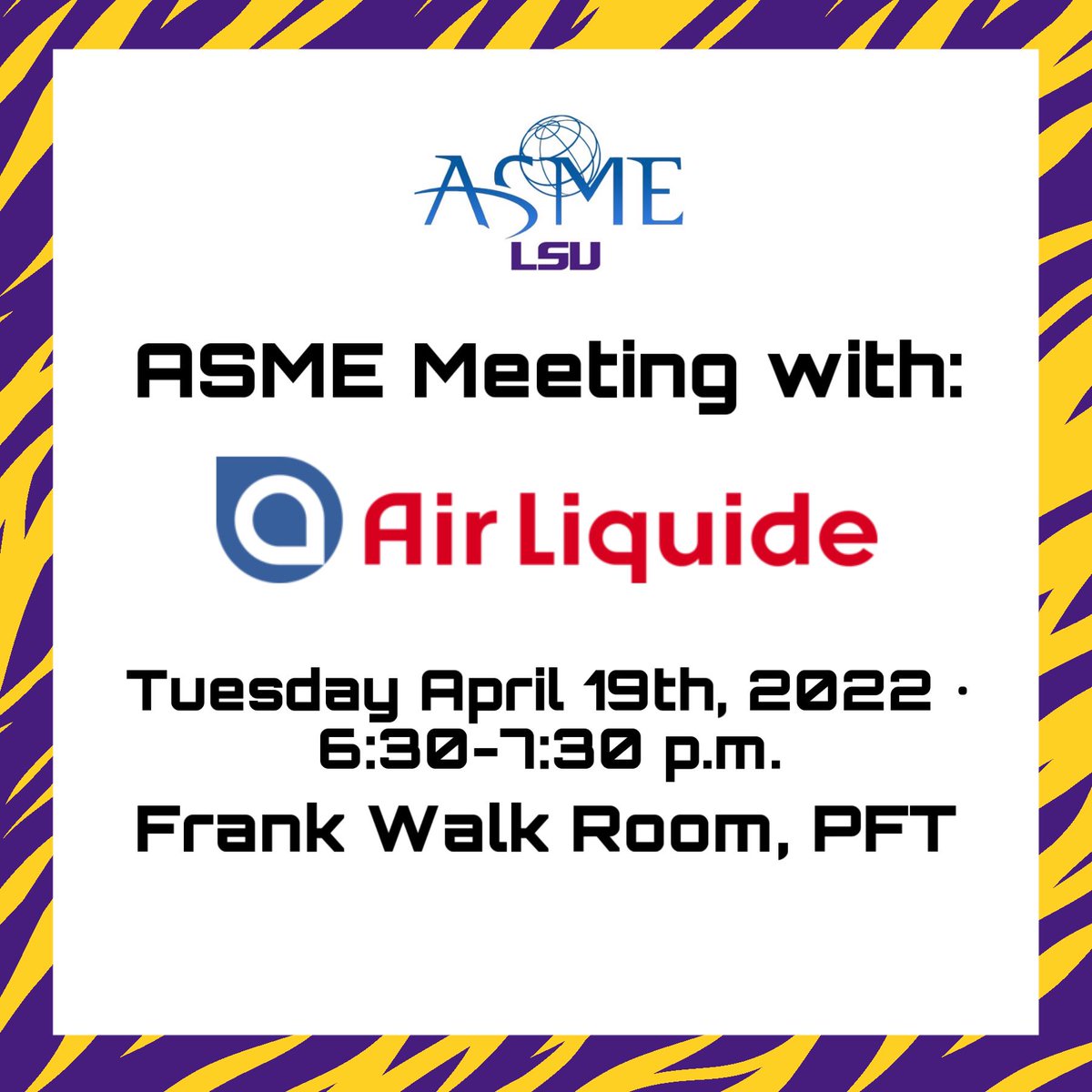 Final ASME meeting of the semester with Air Liquide! They will be providing Chik-fil-a! Hope to see you there!