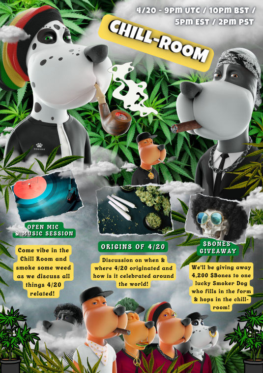 sdcsmokersclub's tweet photo. Wutup Smokers! Come Chill with your Dogs in the Discord Chill Room for our 4/20 Party! 9pm (utc)
We will be giving away 4200 $BONES to one lucky Dog who comes to the party & fills out entry form found in Smoker's Chat Room!
@SoulDogsNFT #RUFFRUFF https://t.co/8UKTcbupfl