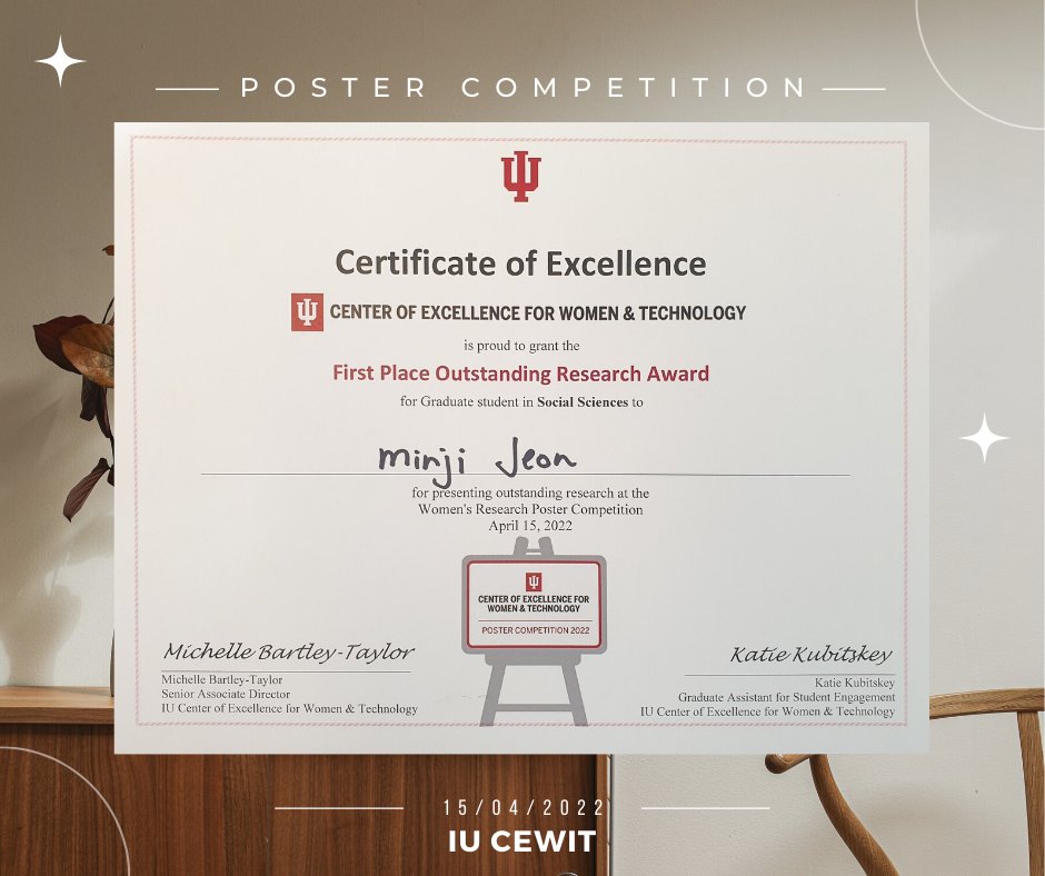 IU_IST's tweet photo. Congrats to our #IST_student Minji Jeon on her winning the #1st_Place_Outstanding_Research_Award in the #Research_Poster_Competition by #CEWiT on April 15! Minji’s poster focused on the topic of Indiana High School’s Computer Science Enrollment and Disparity Indices. #ISTrock🤩 https://t.co/qKyNN8sLYi