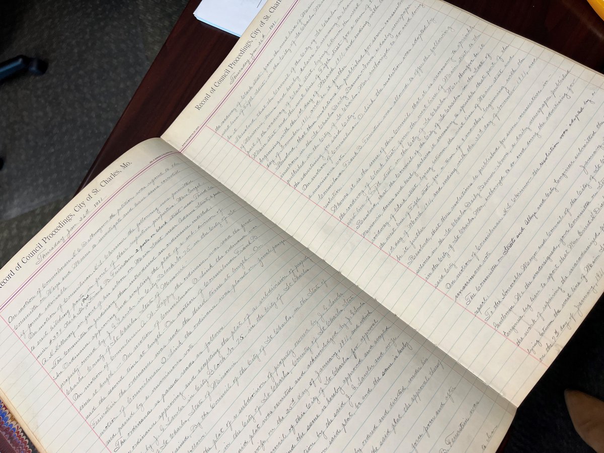 SaintCharlesMo's tweet photo. Today’s records spotlight is on the official City Council record; on file in the City Clerk’s office dating back to 1797! #rimmonth #recordsandinformationmanagement https://t.co/Ukc7CoQ6ku