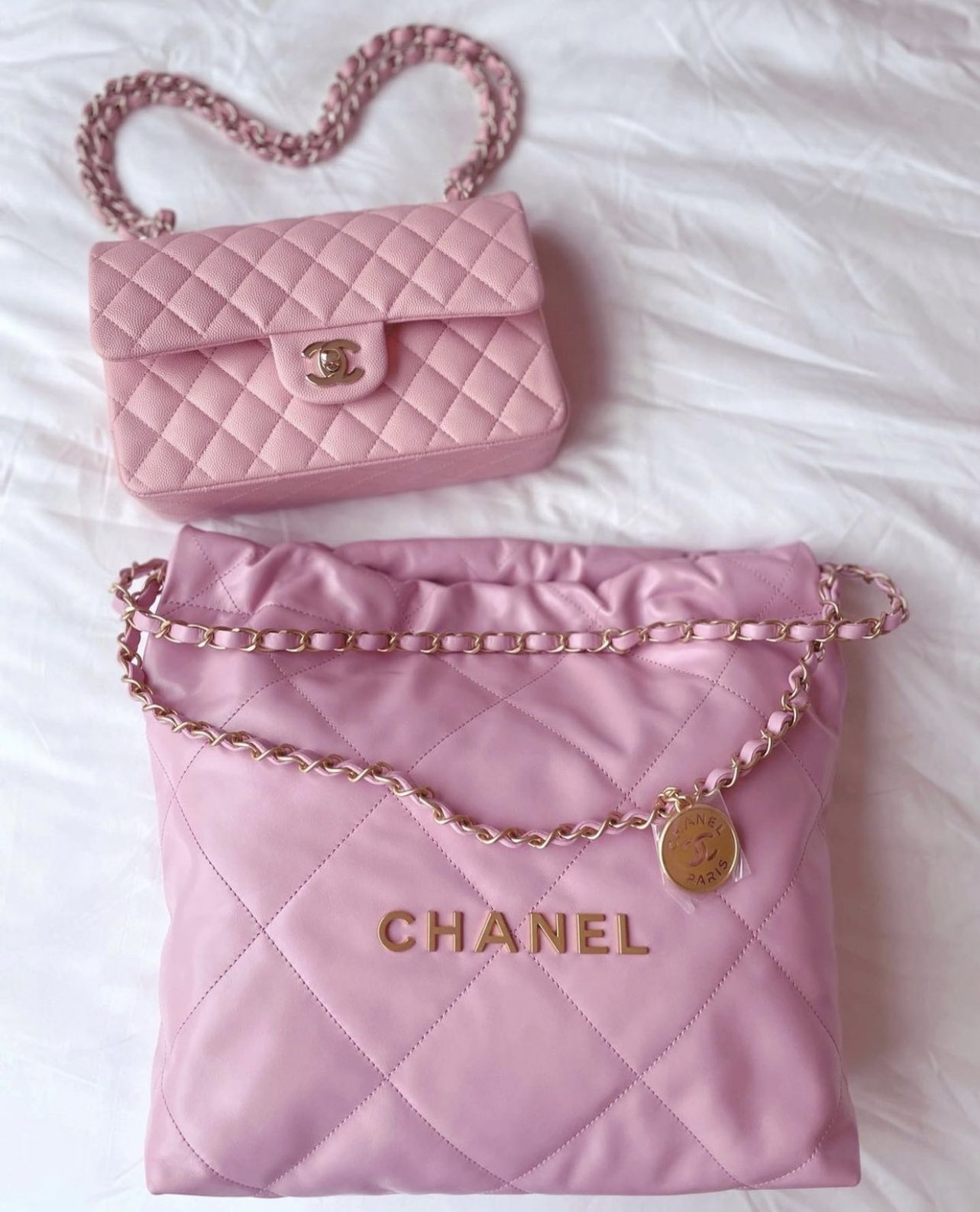 Chanel Vintage Pink/Light Beige Chocolate-bar Quilted Caviar Lax Bowler Bag by Ann's Fabulous Finds