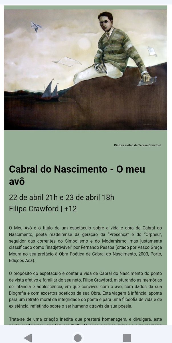 HotelImperatriz's tweet image. Reserve connosco e assista ao espetáculo "Cabral do nascimento - O meu avô”, a 22 de abril, pelas 21h no Teatro Municipal Baltazar Dias!

bit.ly/2C1GM9P

#teatrobaltazardias #cultura #funchal #evento
#hotelimperatriz #madeiraisland #winter2022 #film #cinema  #theatre