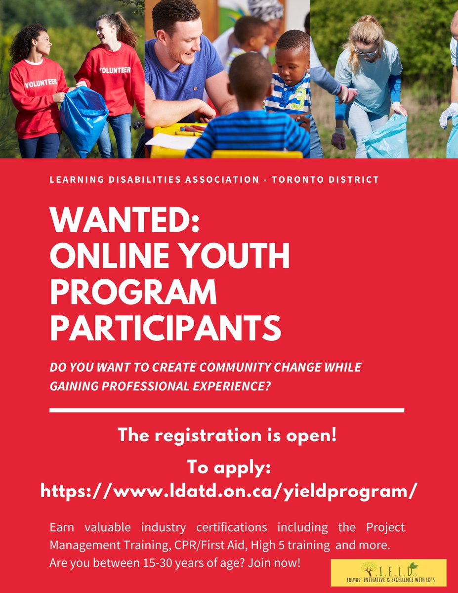 yieldprogram's tweet image. Online YIELD program is available now!
FREE professional leadership training and a civic engagement project for youth (ages 15-30)
Click here to sign up today!
ldatd.on.ca/registration/y…
#youthleadership #leaderstoday #CanadaServiceCorps #youthempowerment #onlineyouthprogram