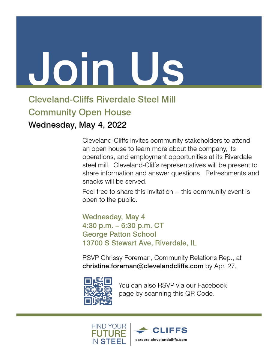 Join Cleveland-Cliffs Inc. &amp; Calumet Area Industrial Commission at the George Patton School on Wednesday, May 4th, 2022.
RSVP with Chrissy Foreman, at christine.foreman@clevelandcliffs.com by April 27th.
#officialcaic #clevelandcliffs #jobfair #careerfair #manufacturing