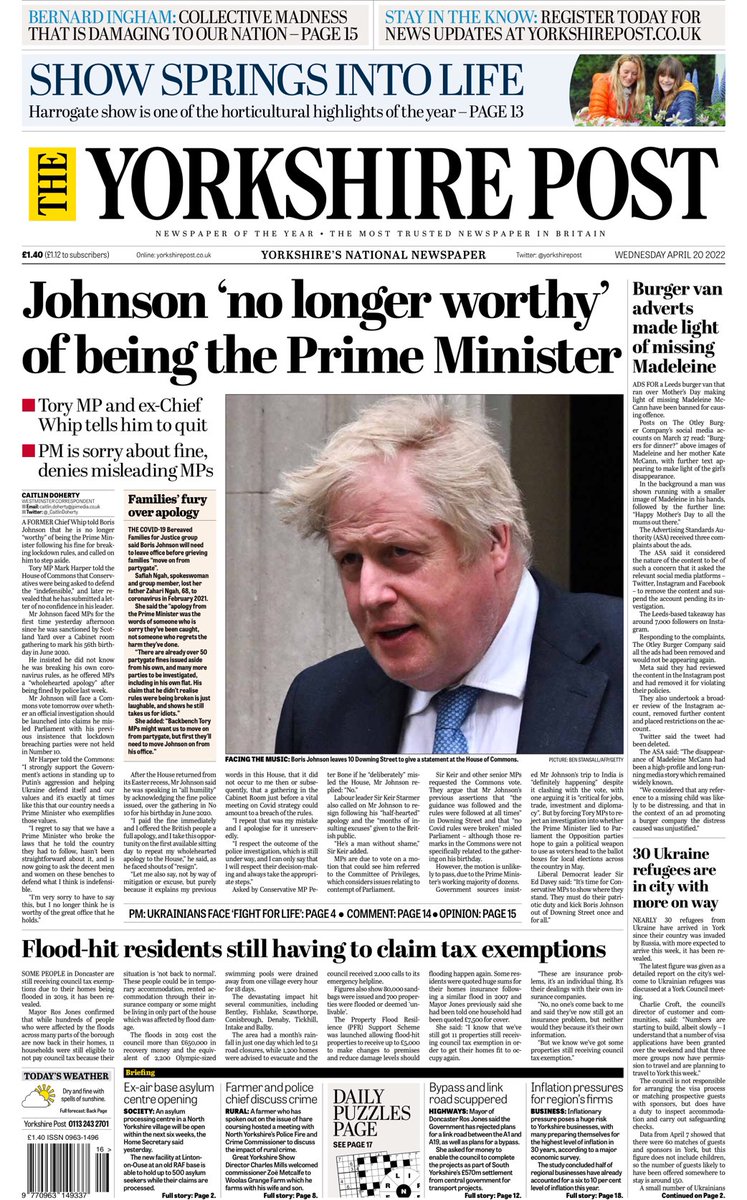 BBCHelena's tweet photo. Wednesday’s Yorkshire Post: Johnson ‘no longer worthy’ of being the Prime Minister #tomorrowspaperstoday https://t.co/9mv6a4zrGo