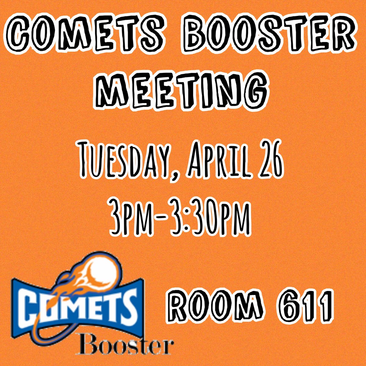 CometsBooster's tweet photo. Our Comets Booster meeting is next Tuesday! Join us to help support our 6-12 students 💙🧡☄ #cometsbooster @CometsBooster @TweetKCS https://t.co/4ulHtwWwup