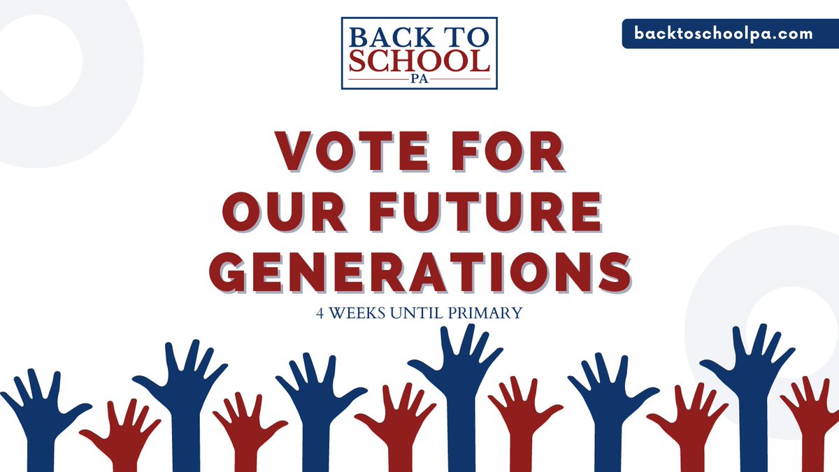 Back2SchoolUSA's tweet photo. Only 4 More Weeks Until the Primary Election! Last Day to Register to Vote is May 2nd! Are you ready to Make Your Vote Count on May 17th? Stay Tuned for the Back to School PA - Voter's Guide on Educational Issues, coming soon!! #backtoschoolpa https://t.co/fcVKdmjqmO