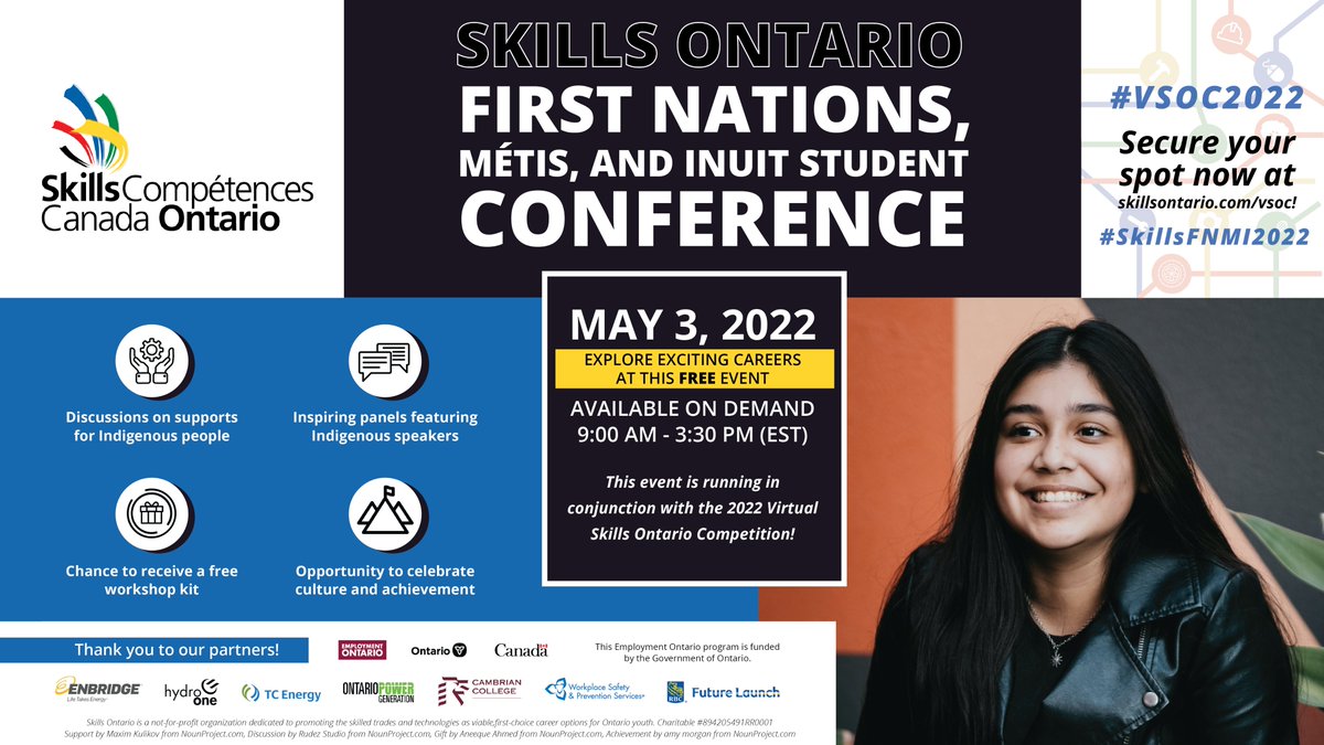 skillsontario's tweet image. The 2022 Virtual Skills Ontario Competition provides many learning opportunities, including the First Nations, Métis, and Inuit Student Conference!

Attend for free on May 3rd and view on demand! Secure your spot now at skillsontario.com/vsoc! #VSOC2022 #SkillsFNMI2022