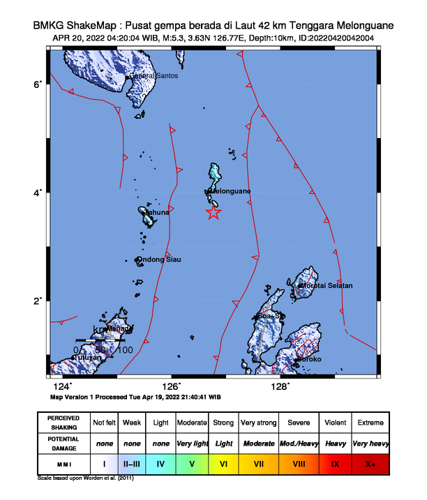 infoBMKG's tweet photo. #Gempa Mag:5.3, 20-Apr-22 04:20:04 WIB, Lok:3.63 LU, 126.77 BT (Pusat gempa berada di Laut 42 km Tenggara Melonguane), Kedlmn:10 Km Dirasakan (MMI) III-IV Melonguane #BMKG https://t.co/p0edQG4rH7