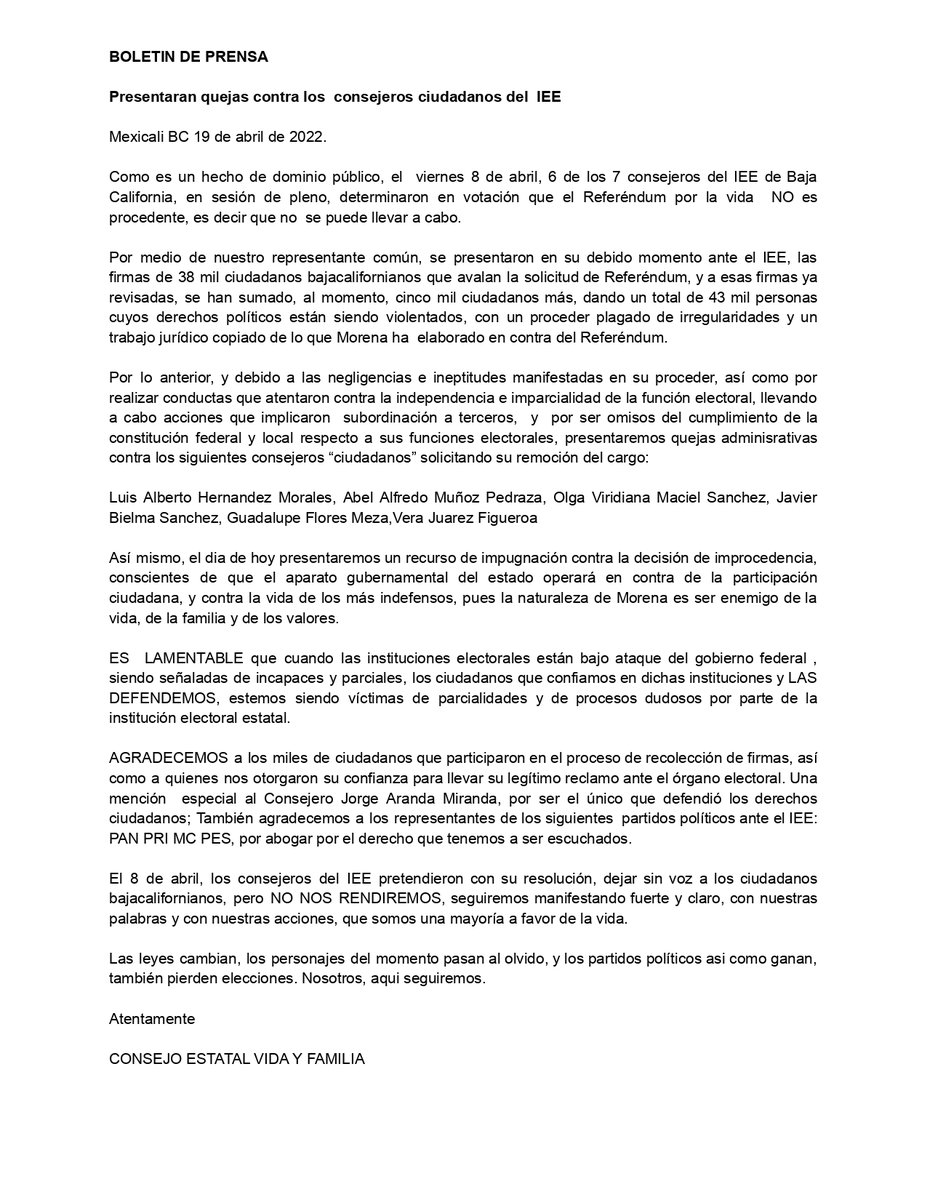 FNxFamilia's tweet photo. Bajacalifornianos presentaron recurso de impugnación contra la decisión de improcedencia del #ReferendumBC y quejas administrativas contra los consejeros del @IEE_BC @abelmunozp, @verajuarezf, @hmluis_, Olga Maciel, Javier Bielma y Guadalupe Flores, solicitando remoción de cargo. https://t.co/ME4RGrlcRH