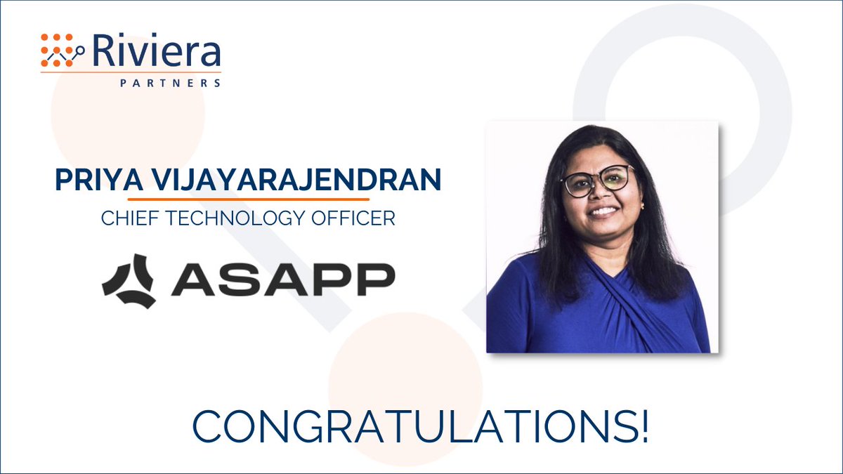 Congratulations to Priya Vijayarajendran on your new role as Chief Technology Officer at @ASAPP! 

Great work by Mike Lee!

#Riviplacement #RivieraPartners #techleadership #hiring #recruitment #recruiting #executivesearch