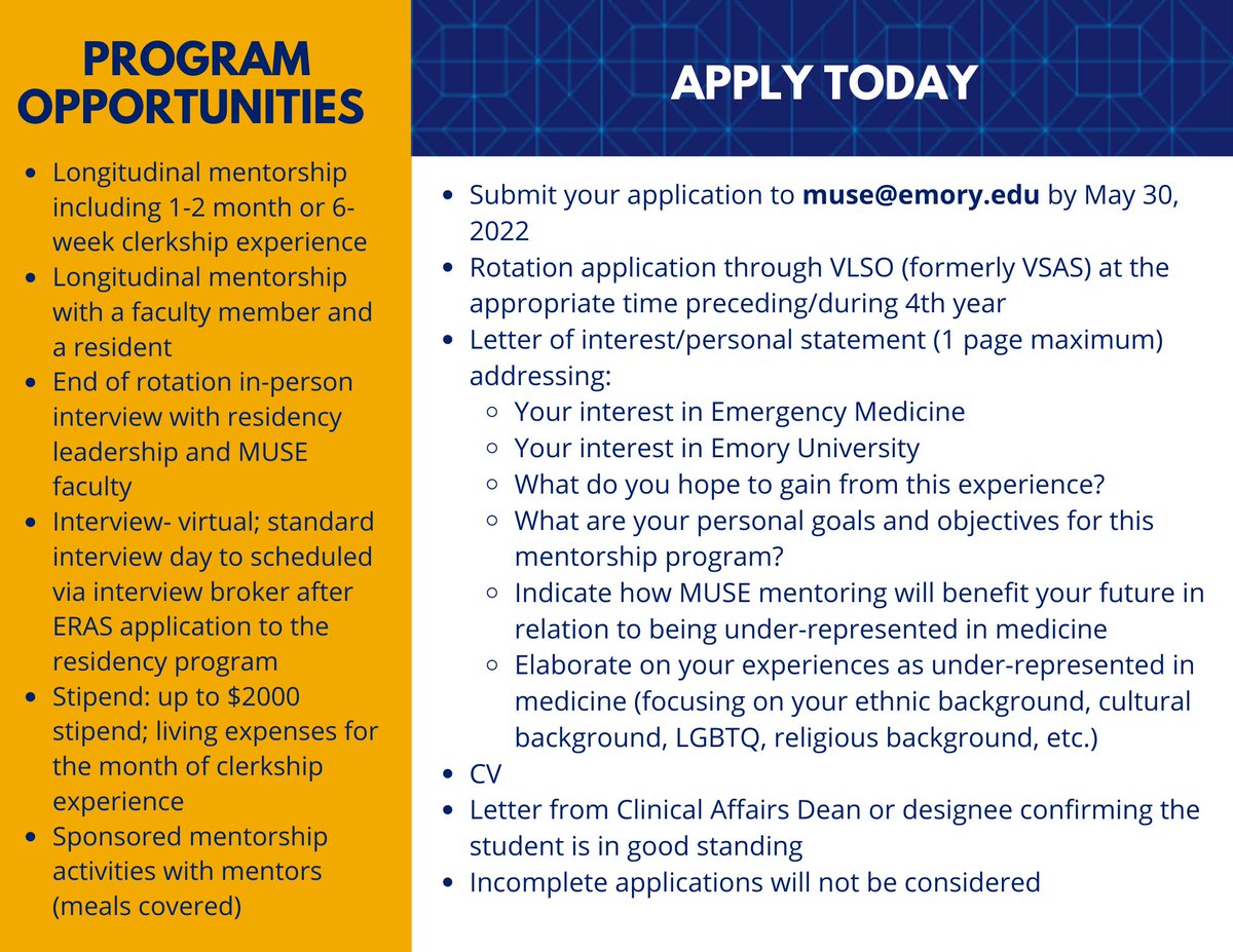 Check-out the new #EmoryEM MUSE program🙌 Incredible opportunity for under-represented med students in the Class of 2024 to be mentored in EM. Apply by May 30
med.emory.edu/departments/em…

<a href="/LallMichelle/">Michelle Lall</a> <a href="/EmoryMedicine/">Emory School of Medicine</a> <a href="/EmoryatGrady/">Emory SOM at Grady Hospital</a>