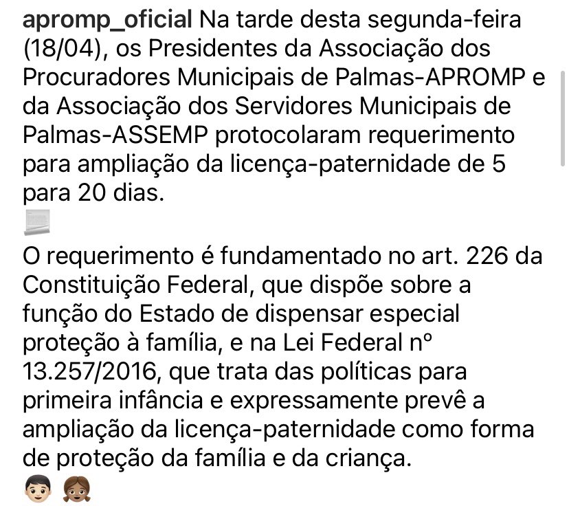 APROMP e <a href="/AssempPalmas/">Assemp - Nossa força vem de dentro.</a> protocolam requerimento visando ampliar licença-paternidade dos servidores públicos da <a href="/cidadepalmas/">Prefeitura de Palmas</a> para 20 dias. Confira 👇🏻