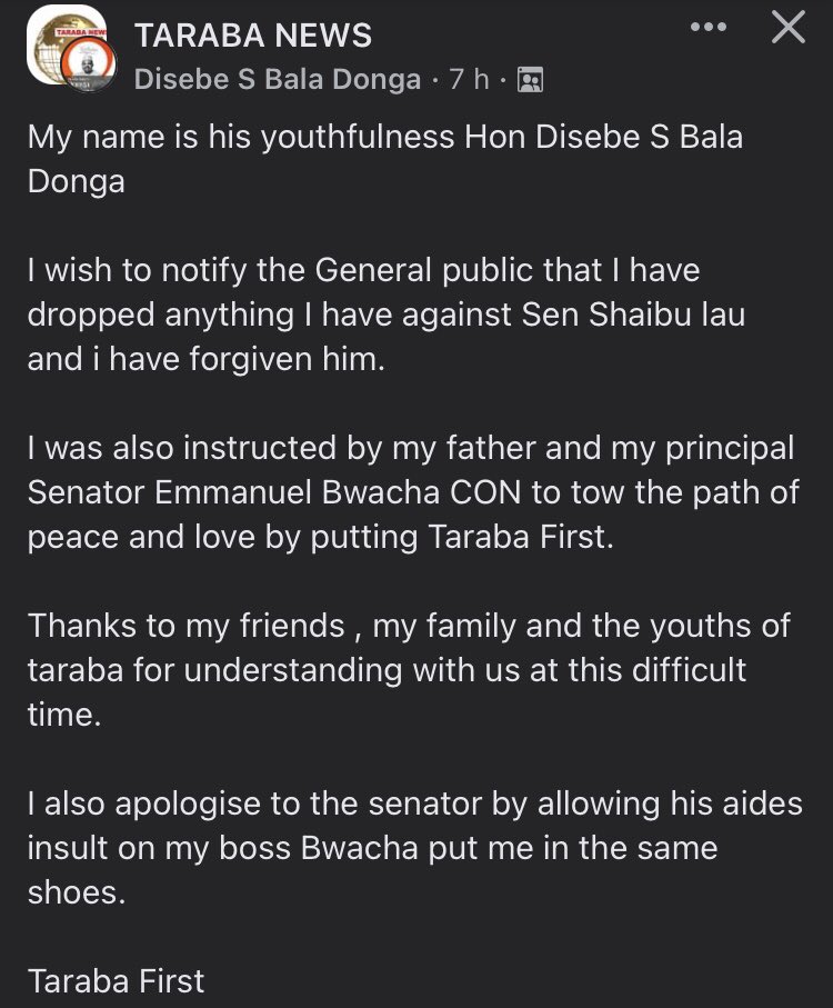 Sen Emmanuel Bwacha’s media aide drop charges against the sen Lau for the sake of peace 😂