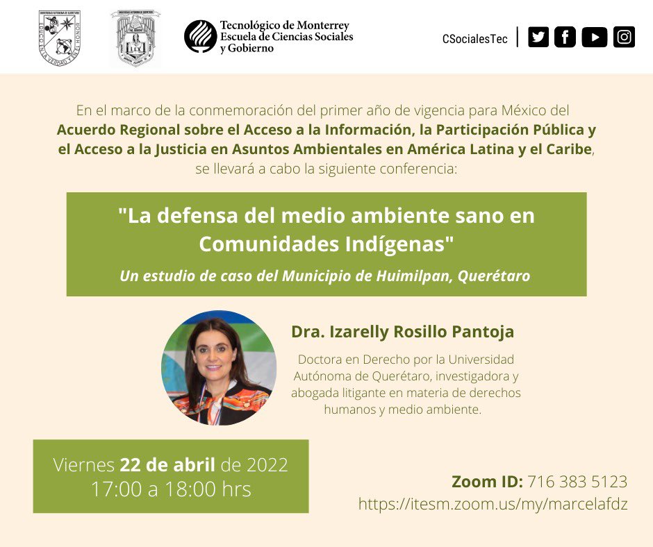 Cordialmente invitadas e invitados a esta importante ponencia de <a href="/IzarellyRosillo/">Izarelly Rosillo</a> en el marco de la COP1 del Acuerdo de Escazú