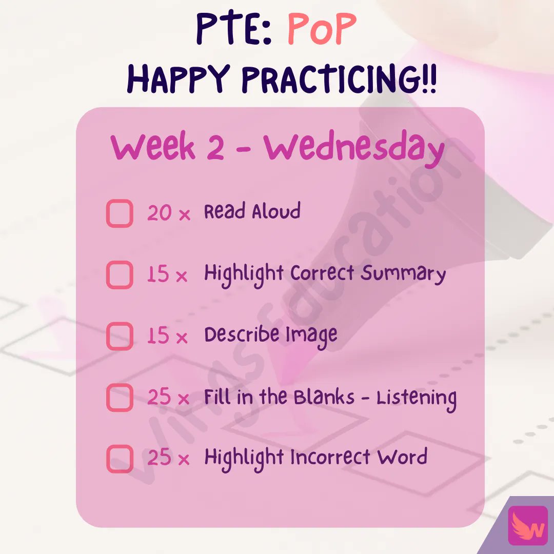 wingseduau's tweet photo. The PoP (Plan of Practice) for Wednesday of Week 2 is attached to this post. Make sure to follow along during your studies and check off when you have completed them! ✅ #planofpractice #ptestudy #pte #nursing #wingseducation https://t.co/cjKUlDhRbY