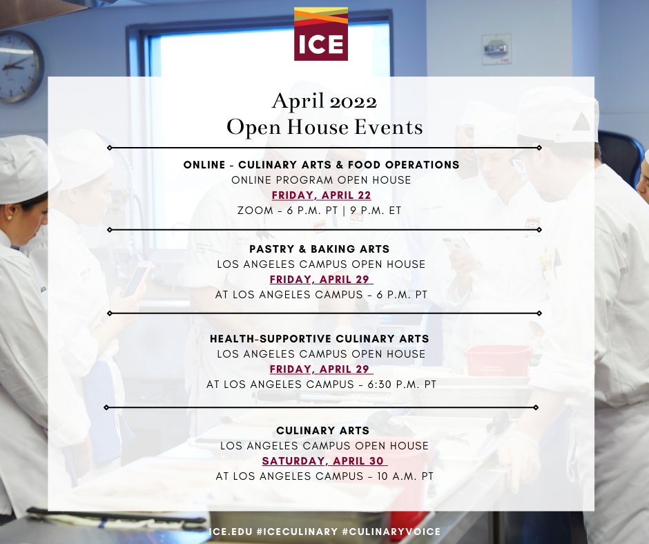 iceculinary's tweet image. ⏰ Mark your calendars and join us for our upcoming open houses! Your passion for cooking, baking or business could lead to an exciting culinary career.🍴#ICEculinary

To register &amp;amp; learn more visit:
ow.ly/1ovj50IMIGA 

#ICEculinary #culinaryvoice #openhouse #culinaryschool