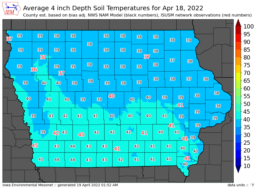 ISUANR's tweet photo. Current soil temperatures in Iowa. https://t.co/TR5EFXqDwH